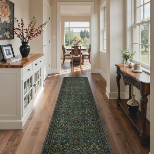 GENIMO 2x10 Washable Long Runner Rug, Non Slip Hallway Mat, Dark Green | Vintage Boho Floral Low Pile Thin Mat for Entryway, Kitchen, Bedroom, Indoor Decor - color: Dark Green, size: 2' x 10' (Rectangular)