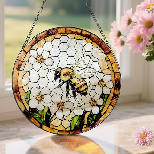 Bee Wildflowers Stained Glass Suncatcher, Stained Glass Window Hanging, 8 Inch Honey Bee Suncatcher, Honeybee Gifts for Garden Lovers, Gifts for Mother's Day, Teacher Gift, Grandma Gift - color: Bee