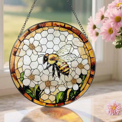 Bee Wildflowers Stained Glass Suncatcher, Stained Glass Window Hanging, 8 Inch Honey Bee Suncatcher, Honeybee Gifts for Garden Lovers, Gifts for Mother's Day, Teacher Gift, Grandma Gift - color: Bee