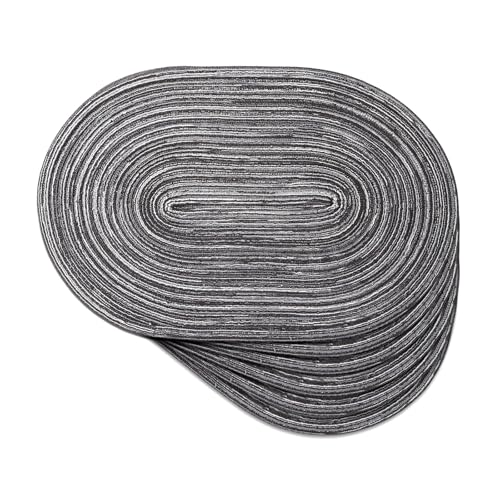 Black Grey Stripe Oval Woven Placemat Set of 6 - color: Black Grey