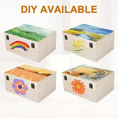 Unfinished Wooden Box 12x9x5 Inch Natural Wood Storage Box | Large Craft Stash Boxes, Hinged Lid Front Clasp Case, DIY Keepsake Art Hobbies Jewelry Organizer, Plain Memory Trunk