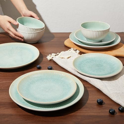 Ceramic Dinnerware Sets for 4, 12pcs Plates and Bowls Sets Dish Set | Stoneware Dishware sets, Microwave & Dishwasher Safe, Cereal Bowls and Dinner Plates Set, Stackable Dishes Set, Green - color: Embossed Green, size: Set (12pcs)
