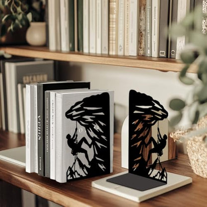 5.3"x4.3"x7.9" Metal Bookends, Heavy Duty Book Ends for Shelves | Rock Climbing Theme Cast Iron Book Supports, 1 Pair Decor Stoppers for Desk, Library, Office & Home Shelves - style: Rock Climbing
