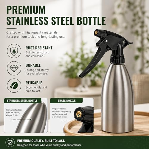 304 Stainless Steel Plant Spray Bottle 500ml, 16oz Refillable Garden Mister for Indoor Plants, Leaf Cleaning & Humidity Control, Durable Metal Spray Bottle for Gardening, Hair, Cleaning