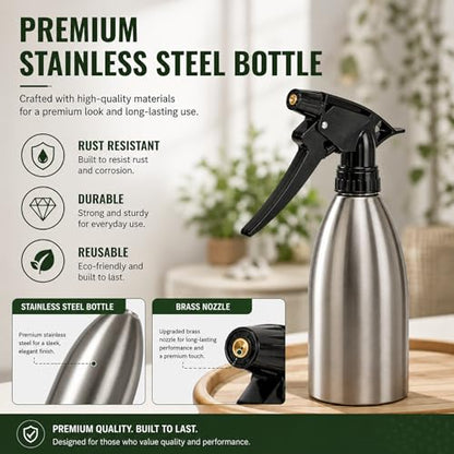 304 Stainless Steel Plant Spray Bottle 500ml, 16oz Refillable Garden Mister for Indoor Plants, Leaf Cleaning & Humidity Control, Durable Metal Spray Bottle for Gardening, Hair, Cleaning