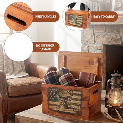 Novabright Solid Pine Wooden Storage Box with Lid, Rustic Elk Decorative Crate for Men’s Desk, Man Cave, Dad, Father's Day, Remote Controls, Books, Keepsakes and Cabin Decor Gift