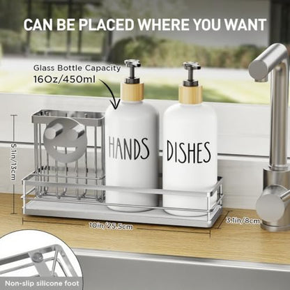 Moforoco Kitchen Dish Soap Dispenser Set, 16OZ Glass Bottle, Hand and Dish Soap Dispenser Set, Instant Dry Tray, Brush Holder with Smiley Face Sponge Holder (Silver Tray+White Bottle) - color: Silver Tray+white Bottle