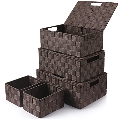 Storage Baskets with Lids: 5 Pack Stackable Woven Storage Bins, Brown | Decorative Woven Baskets for Organizing with Built-In Handles for Shelves, Closets, Cabinets and Cubbies, Gift Small Basket - color: Brown, size: 5pack with Lids