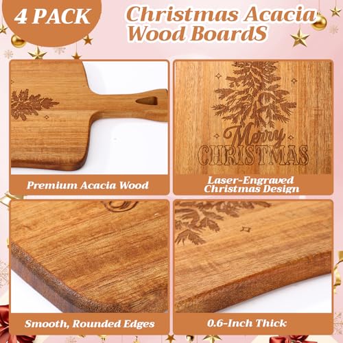 SiliFine 4 Pcs Acacia Wood Cutting Boards with Handles, Christmas | Thick Butcher Block, Reversible Surface, Natural Acacia Hardwood, Assorted Sizes Nest for Storage, Easy-grip Handle Design - style: Christmas