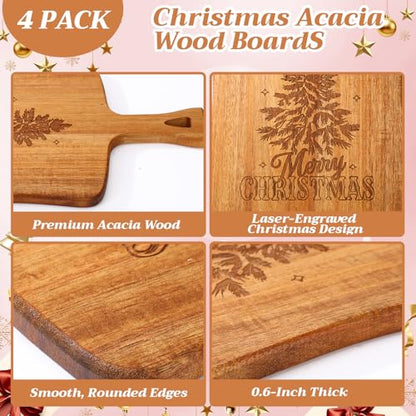 SiliFine 4 Pcs Acacia Wood Cutting Boards with Handles, Christmas | Thick Butcher Block, Reversible Surface, Natural Acacia Hardwood, Assorted Sizes Nest for Storage, Easy-grip Handle Design - style: Christmas