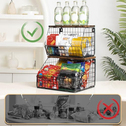 Mefirt Fruit Basket, Stackable Wall Mounted Fruit Baskets, Potato Baskets Onion Storage for Kitchen, Hanging Wire Basket with Wood Lid, 2-Tier Vegetable Organizer Kitchen Countertop Organization | Hanging Potato Basket Wire Basket with Wood Lid, 2-Tier Ve