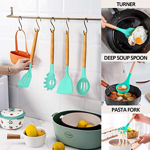 Umite Chef Kitchen Cooking Utensils Set, 24 pcs Non-stick Silicone Cooking Kitchen Utensils Spatula Set with Holder, Wooden Handle Heat Resistant Silicone Kitchen Gadgets Utensil Set (Green) - color: Green