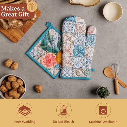 Maison d'Hermine Oven Gloves 100% Cotton Oven Mitt (7" x 13", Pack of 1) | With Loop Heat Resistant BBQ Cooking Gloves Baking Grilling Kitchen Handling Hot Pans Spring Summer - Agrume - color: 010 - Agrume, size: 7.5" x 13" (Oven Mitt)