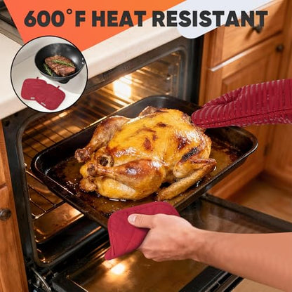 Oven Mitts Kitchen Towels and Dishcloths with Pot Holders Sets, Oven Gloves Hot Pads 500°F Heat Resistant with Silicone Grip, Include 2 Cooking Gloves/2 Potholders/4 Kitchen Towels/4 Dish Towels-Red - color: Red