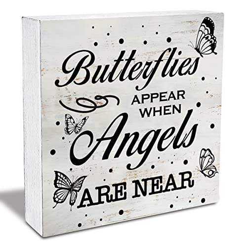 Rustic Religious Sympathy Quote Wood Box Sign Butterflies Appear When Angels are Near Wooden Box Sign Home Desk Shelf Decor (5 X 5 Inch) - color: Angels