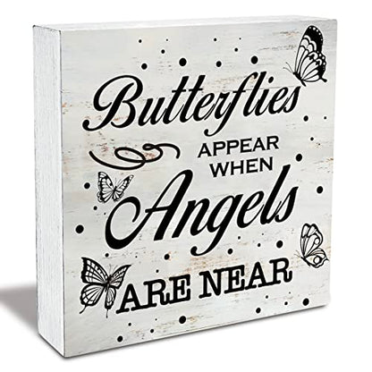 Rustic Religious Sympathy Quote Wood Box Sign Butterflies Appear When Angels are Near Wooden Box Sign Home Desk Shelf Decor (5 X 5 Inch) - color: Angels