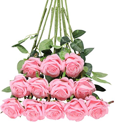 Tifuly 12Pcs Pink Roses Long Stem Fake Silk Artificial Flowers | 12 pcs Realistic Single Long Stem Fake Silk Roses Bouquet for Party Home Wedding Centerpiece Office DIY Decor ﻿ - color: Pure Pink