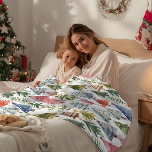 Christmas Tree Throw Blanket, Abstract Pink Blue Green Tree Super Soft Warm Flannel Blankets for Bed Couch Sofa Cute Graffiti Xmas Winter Lightweight Fluffy Plush Bed Throws 40x50 Inch - color: Pink Blue Gray, size: 40''x50''