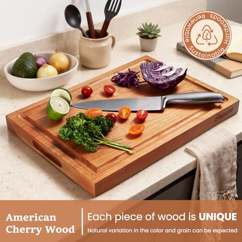 Empune Cherry Wood Cutting Boards for Kitchen Wooden Cutting Board with Handle, Chopping Board with Built-in Juice Groove & Well, Heavy-duty Charcuterie Board Butcher Block, 16.5x11.8x1.4 Inches - color: Cherry Wood