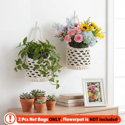 2 Pcs Macrame Planter Basket Wall Hanging Pot Holder for Indoor Plants 4 Inch Pots Decorative Succulents Display Plant Hanger Net Bag for Home Garden, White
