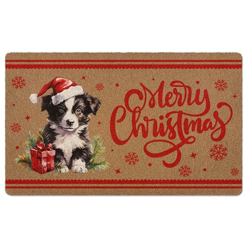 Merry Christmas Dog Welcome Door Mat, Winter Snowflake Cute Dog Artificial Coir Front Door Mat Indoor Outdoor Entrance, Holiday Xmas Gifts Doormat Rug for Porch Entryway Patio Decor,17X30 Inch - color: Red-4