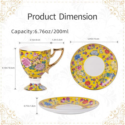 KAMMAK Tea Cup and Saucer, Ceramic Coffee Cups, 7 oz, Set of 2 | Porcelain Tea Cups with Saucers for Coffee and Cappuccino, Ideal for Breakfast, Afternoon Tea and Entertaining,622N - style: 622N
