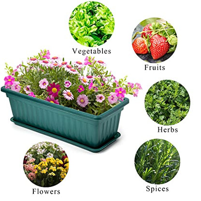 Fasmov 7 Pack 17 Inches Flower Window Box Plastic Vegetable Planters with Trays Vegetables Growing Container Garden Flower Plant Pot with 7 Pcs Plant Labels for Balcony, Patio, Garden, Green - color: 7pack, Green
