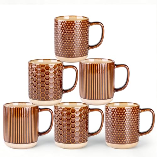 GBhome Coffee Mugs Set of 6, 16 oz Coffee Cups with Large Handle | 3 Assorted Designs, Embossed Ceramic Coffee Mugs for Coffee/Tea/Cappuccino, Dishwasher&Microwave Safe, Caramel - color: Caramel, size: Set of 6 (16 Ounce)