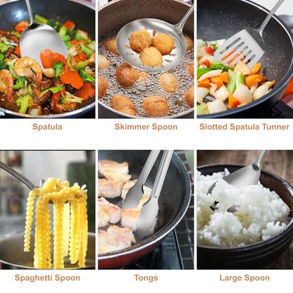 304 Stainless Steel Cooking Utensils Set, 12 Pcs Long Stainless Steel Kitchen Utensils Set, Metal Cooking Utensils Set with Potato Masher, Spoon, Ladle, Skimmer, Pasta Server etc(Dishwasher Safe)
