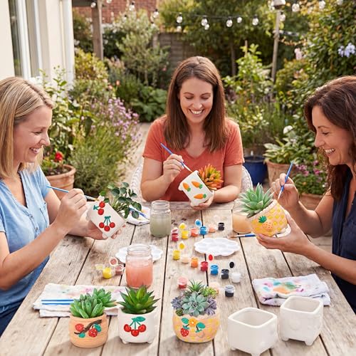 Hushee 12 Sets Ceramic Succulent Planters Paintable Succulent Plant Pots Small DIY Figurines Unpainted Pots with Drainage Hole Color Paints Paintbrushes Palettes - color: Fruit