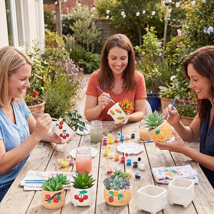 Hushee 12 Sets Ceramic Succulent Planters Paintable Succulent Plant Pots Small DIY Figurines Unpainted Pots with Drainage Hole Color Paints Paintbrushes Palettes - color: Fruit