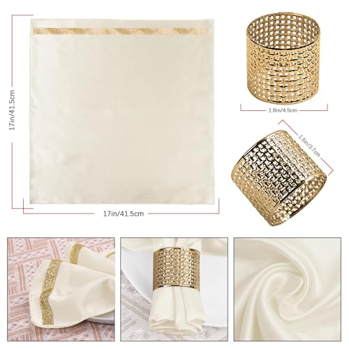 12 Pack Cloth Napkins and Gold Napkin Rings Set of 6, 17x17 Bling Trim Satin Cocktail Napkins Cloth Washable Personalized Dinner Napkins for Wedding Party Holiday Decorative | 17x17 Inch Personalized White Napkins Set, Washable Fancy Dinner & Cocktail Nap