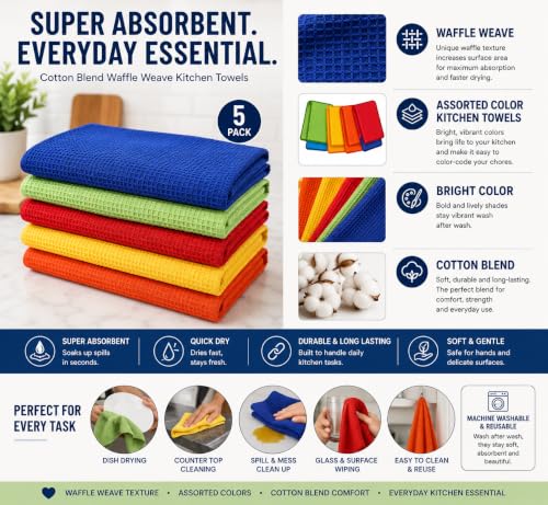 HOMEFRONT Kitchen Towel, Hand Towel for Kitchen, Set of 5, Multicolor | Cotton Blend Waffle Weave Dish Towels, Super Absorbent Quick-Dry Tea Towels, 18' x 28'