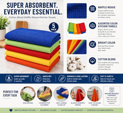 HOMEFRONT Kitchen Towel, Hand Towel for Kitchen, Set of 5, Multicolor | Cotton Blend Waffle Weave Dish Towels, Super Absorbent Quick-Dry Tea Towels, 18' x 28'