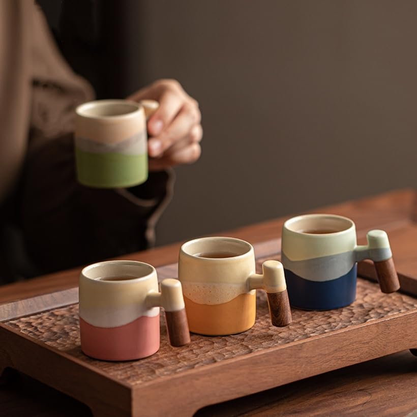2.4oz Ceramic Espresso Cups Set of 4, Small Coffee Cups with Wooden Handle, Gradient Color Demitasse Cups, Ceramic Tea Cups Gift Box Packaging - color: Straight Handle