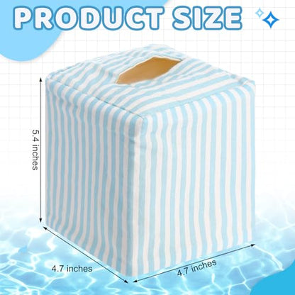 Potchen Tissue Box Cover Square Coastal Blue White Stripe for Bathroom Home | Washable Cotton, Decorative Modern, Fabric Tissue Holder, Stylish Storage, Breathable, Easy to Clean, Bedroom Office