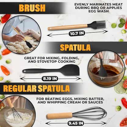 14 Pcs Black Kitchen Utensils Set with Holder for Nonstick Cookware | Silicone Cooking Utensils Set for BBQ; Heat-Resistant Tools with Wooden Handles for Baking, Serving, Frying, and Mixing - color: Classic Black