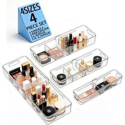 BLULEE 4-in-1 Expandable Drawer Organizer Set, Adjustable Clear Bins | with Dividers for Kitchen, Bathroom, Vanity & Office, Scalable Trays for Cosmetics, Utensils & Desk Accessories (4 Pcs) - size: 4 PCS