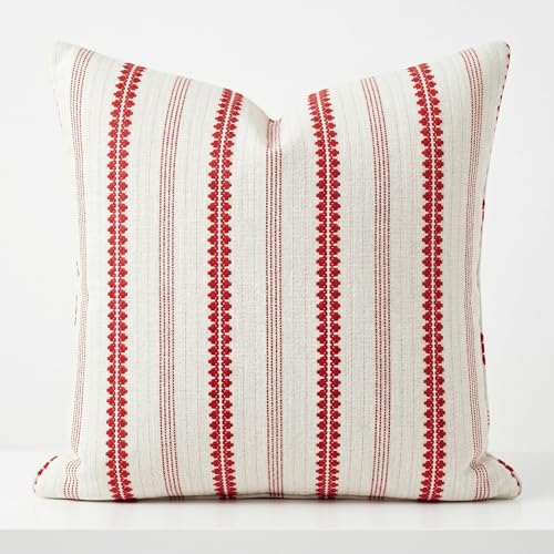 SanVia Cotton Throw Pillow Covers 20x20 – Handwoven Jacquard Texture, Fade-Resistant, No Pilling – Hidden Zipper, Decorative Cushion Cover for Sofa, Couch, Bed – Insert Not Included (Striped, White) - color: Winterberry, size: 20" x 20" (Pack of 1)
