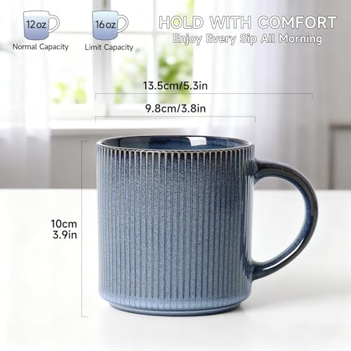 MONITO Coffee Mugs Set of 6, 16 oz Ceramic Coffee Cups with Large Handles | Stoneware Mugs Set Suitable for Lattes, Hot tea, Cappuccinos, Mochas and Cocoa, Microwave & Dishwasher Safe, Deep Blue - color: Deep Blue, size: 6PCS