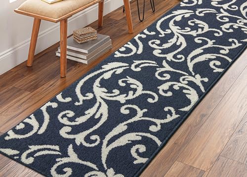 Hallway Runner Rug Non Slip Rubber Backing, 26 inch x 6 ft, Scroll, Blue, Heavy Duty Berber Style Carpet Runner for Entryway, Kitchen, Bathroom, Bedroom, Laundry Room. - color: Scroll Blue, size: 6 Foot Long Runner Rug