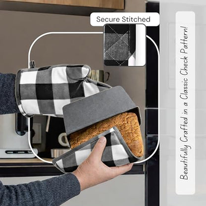Native Fab Buffalo Plaid Check Oven Mitts and Pot Holders Set of 4, 100% Cotton Heat Resistant Kitchen Gloves, 2 Oven Mitts (7x13), 2 Pot Holders (8x8) for Cooking & Baking, Black White - color: Buffalo, Black
