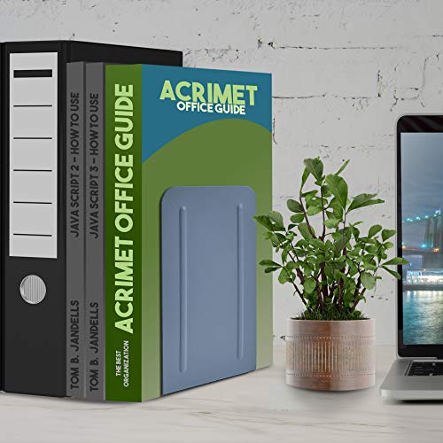 Acrimet Bookends for Shelves, Non-Skid Book Holder, Heavy Duty Book Stopper, Steel Metal Book Ends Storage for Home, Library, 6 7/8" H x 4" W x 4 1/2" D (Blue) (1 Pair / 2 Pieces)