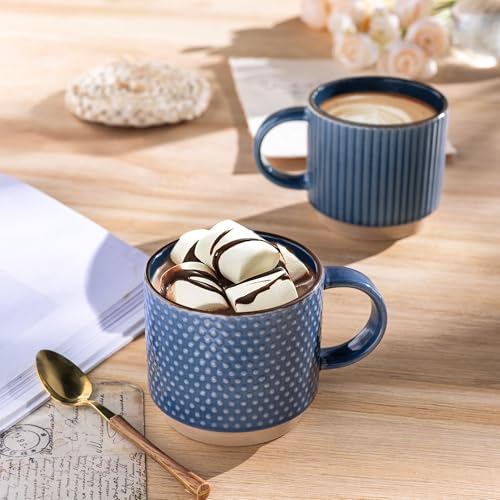 GBhome 12 OZ Stackable Coffee Mugs, Ceramic Coffee Mugs with Texture Patterns for Man,Woman,Dad,Mom, Modern Coffee Cups Set of 4 for Latte/Cappuccino/Cocoa. Dishwasher&Microwave Safe | 4 Assorted Designs, Embossed Mugs with Texture Patterns for Tea/Coffee