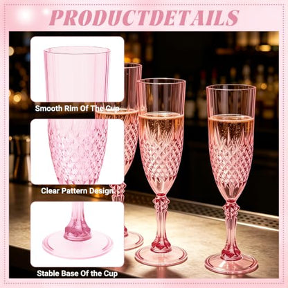 12 Pack Plastic Champagne Flutes, Pink Reusable Champagne Glass | Unbreakable Hard Plastic Mimosa Cups Bulk with Stem, Fancy Stemware for Wedding, Party & NYE Celebration - color: Pink