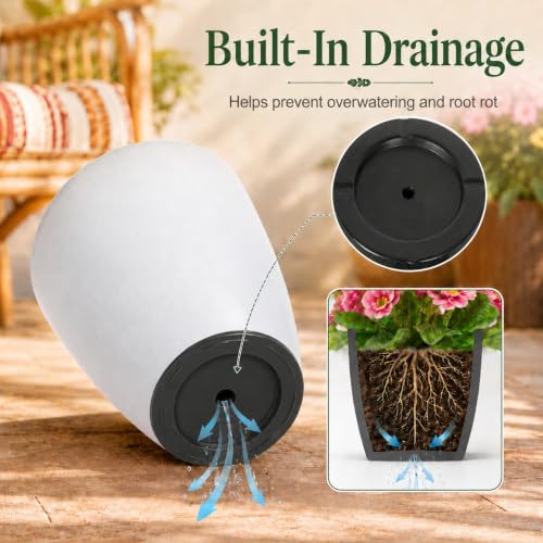 Neoaider Set of 3 Tall Planter, 24/21/12in Large Plastic Planter, WhiteJade | Ceramic-Look, Lightweight, Built-in Drain Hole, Saucers, Tall Outdoor Planter for Porch, Garden, Patio, Balcony - color: White Jade