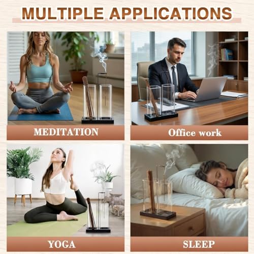 Zhehao 4 Pcs 2 in 1 Incense Holder for Sticks with Glass Ash Catcher Kit, Includes 1 Upside Down Anti-ash Flying Incense Burner 1 Ash Brush and 2 Mats for Meditation, Yoga, Spa, Home Decor