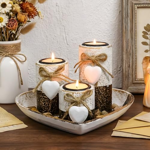 Farmhouse Candle Holders 3 Pack Rustic Wooden Pillar Candle Holder | Heart Tray and Stones Tealight Candles Holders Farmhouse Centerpiece for Coffee Table Mothers Day Valentines Home Decor - color: Rustic