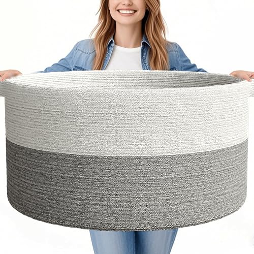 125L Extra Large Blanket Basket, 25" x 16" | Jumbo Laundry Woven Basket Decorative Home, Cotton Rope Basket with Handles, Baby Toy Basket for Storage, White & Gray, 2PC - color: white gray, size: 2 Pack