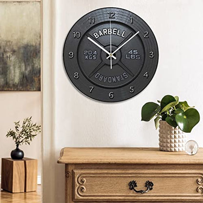 ArogGeld Barbell Wooden Wall Clock Rustic Style Battery Operated Silent Non Ticking Clocks Numerals Decorative for Kitchen Living Room Bedroom Office Farmhouse Gift 12x12in